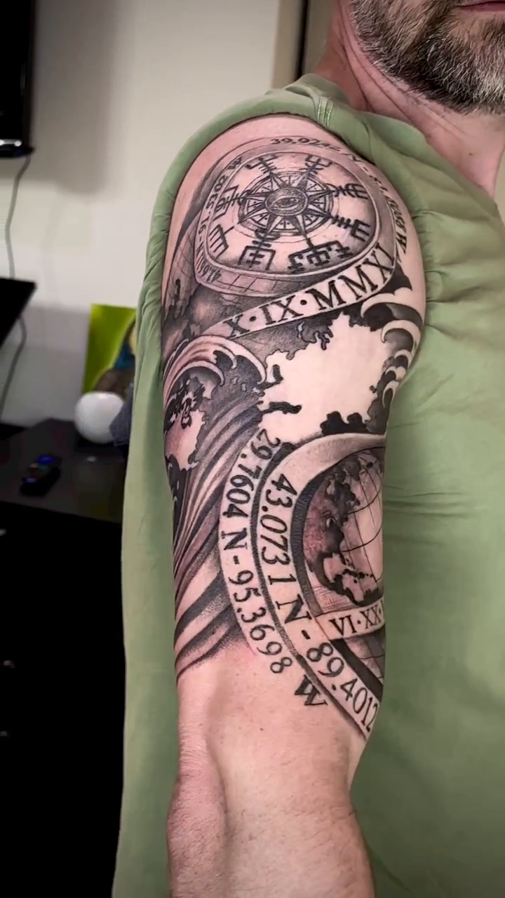Nautical sleeve with globe and compass realism tattoo by David Gray