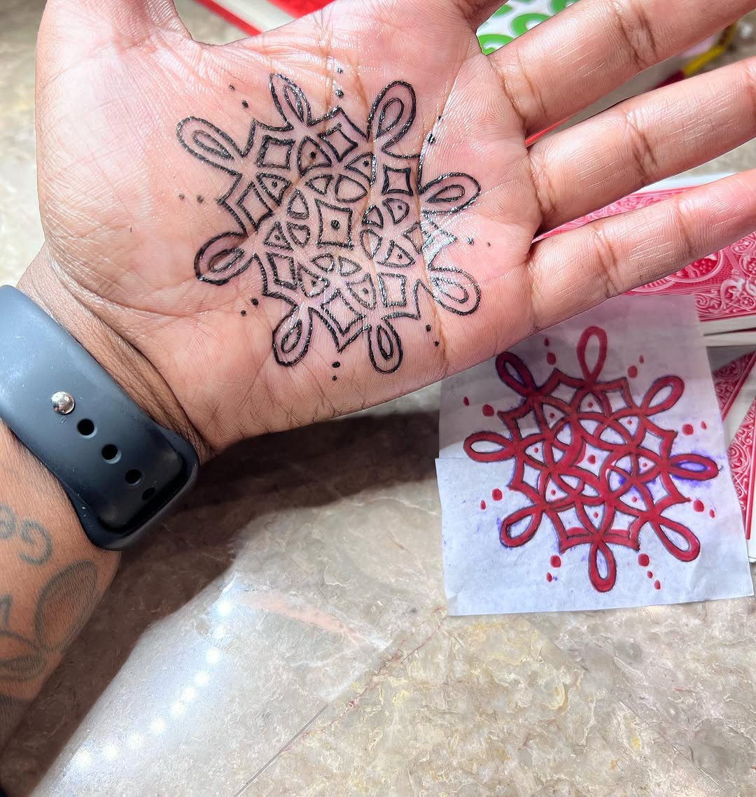 Geometric pattern on palm dotwork tattoo on the hand by Lea-yae’