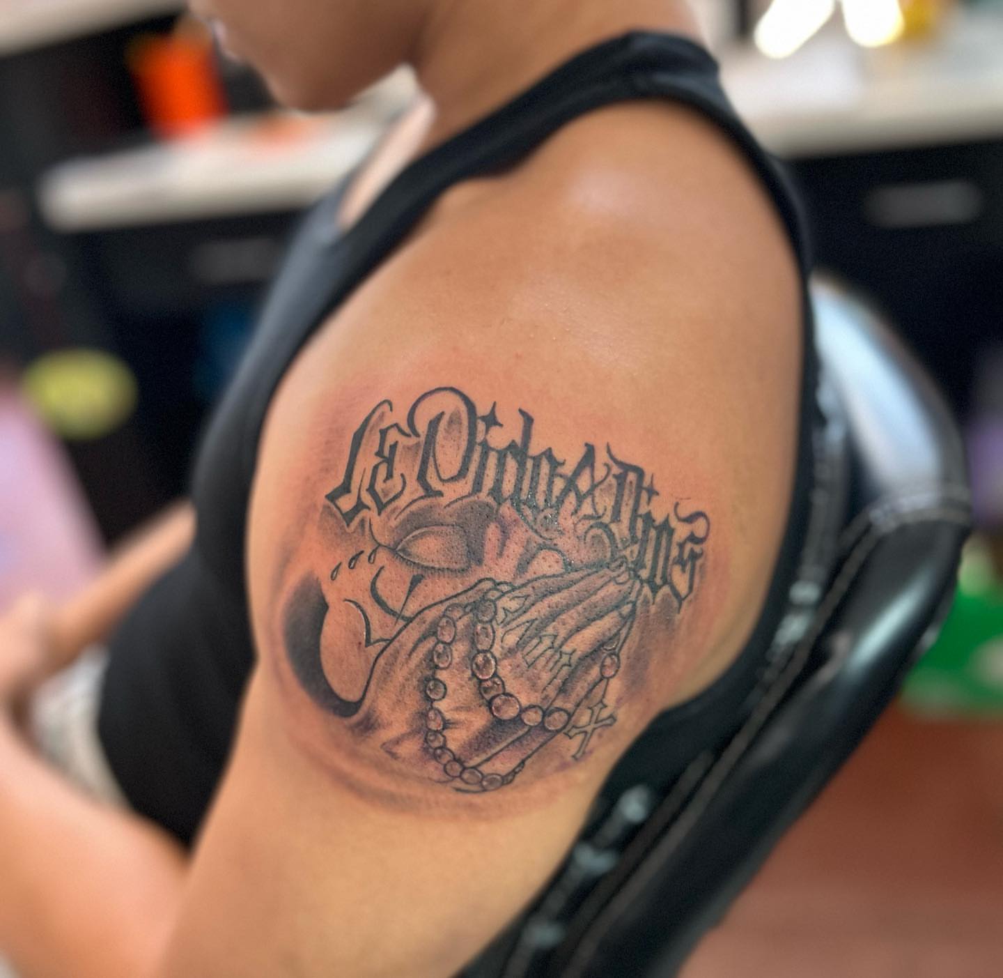 Religious iconography black and grey tattoo on the shoulder by Felix perez (Tattooer)