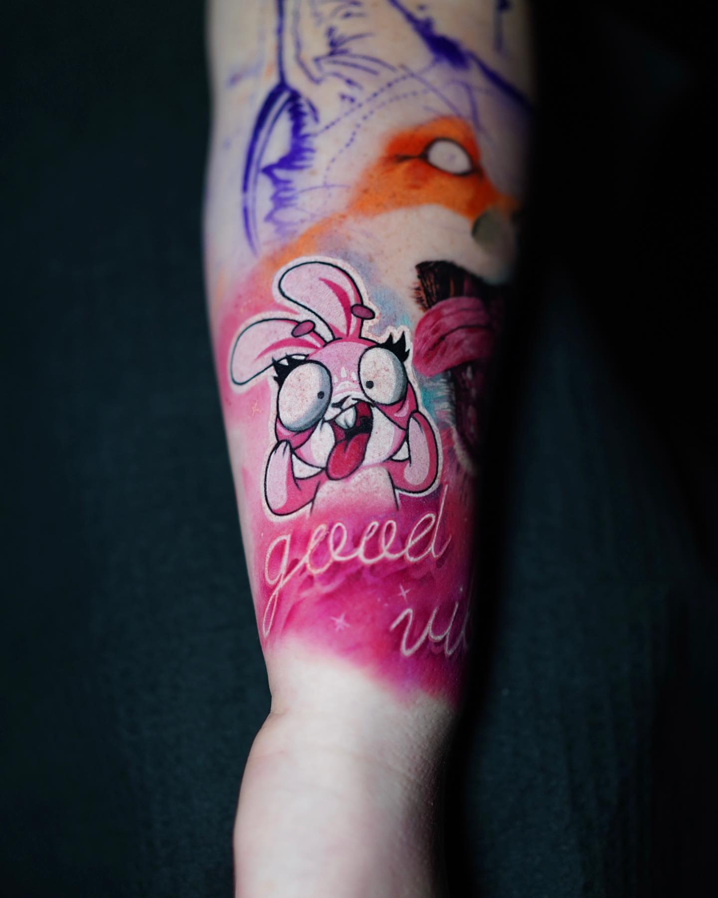 Angry rabbit watercolor tattoo on the forearm by Alejandro Rojas