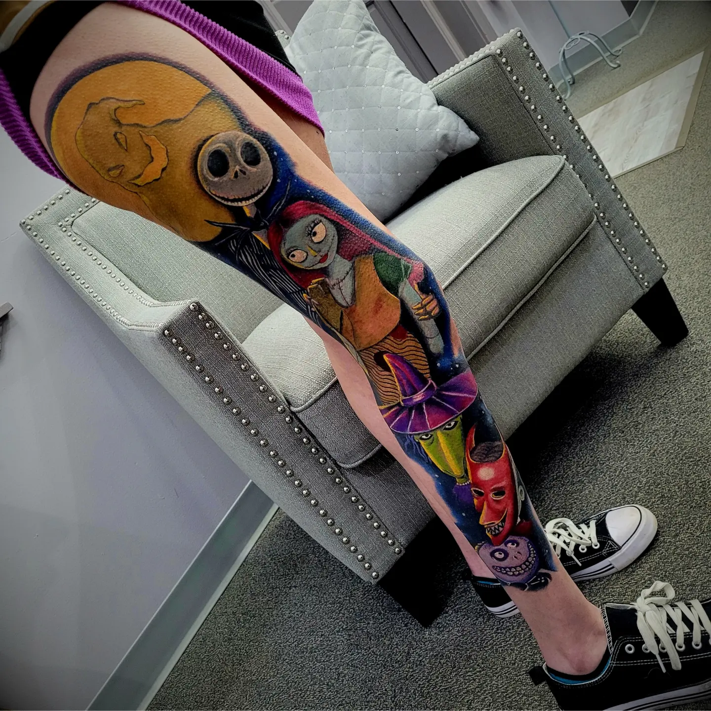 Tim burton characters dark realism tattoo on the leg by 🇲🇽Angelique Ortiz🇺🇲, Sugar Hill, Georgia