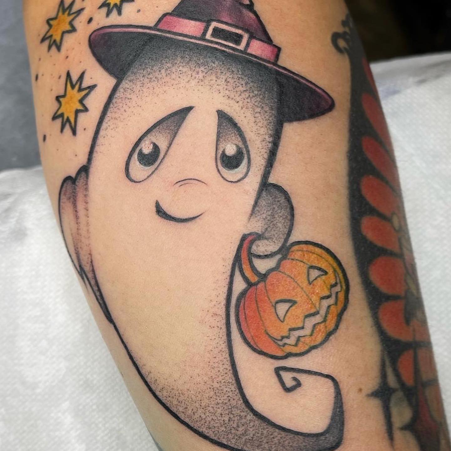 Ghost with witch hat American traditional tattoo on the forearm by ceci✨, Edinburg, Texas