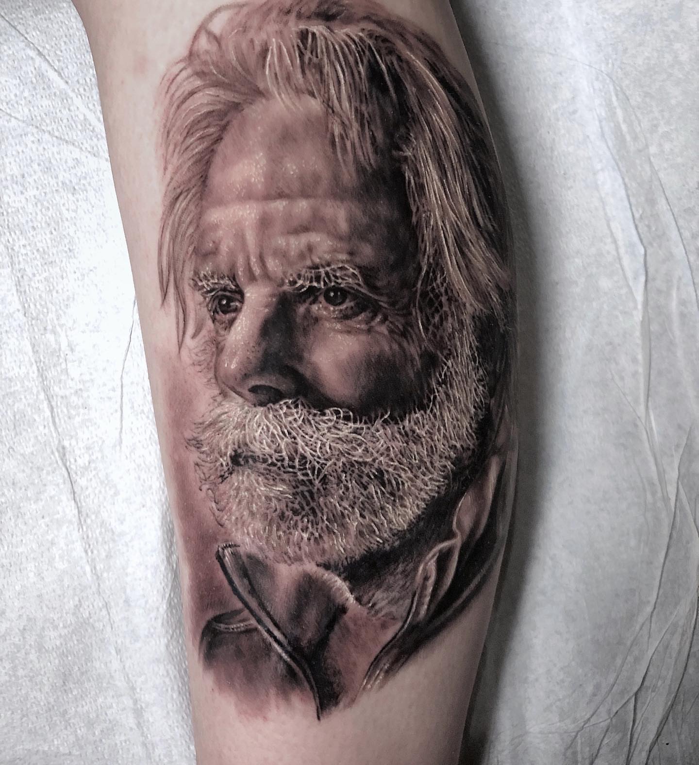 Old man realism tattoo on the forearm by Rusty Dornhecker, Columbus, Ohio