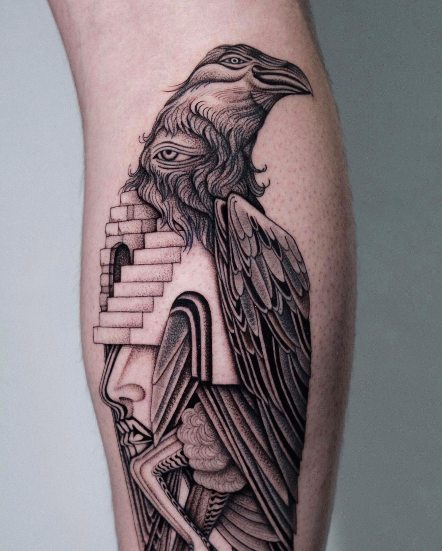 Crow and architecture dotwork tattoo on the forearm by Monkey Bob Tattoo
