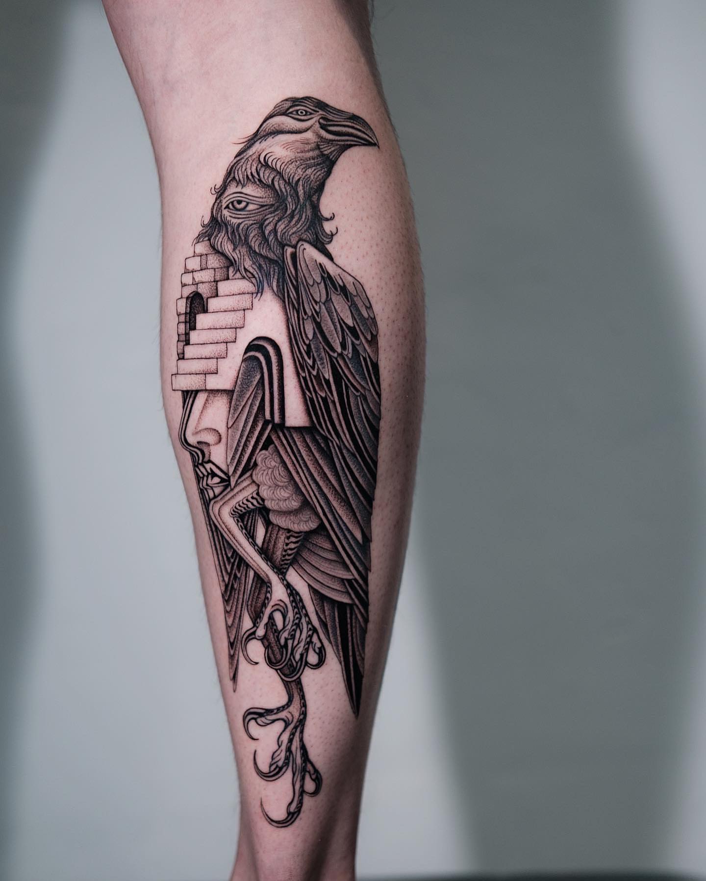 Crow realism tattoo on the forearm by Monkey Bob Tattoo
