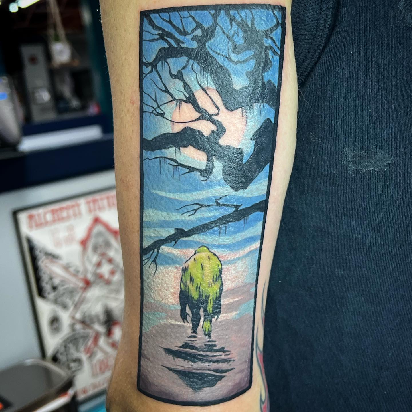 Forest scene dark realism tattoo on the forearm by Blu