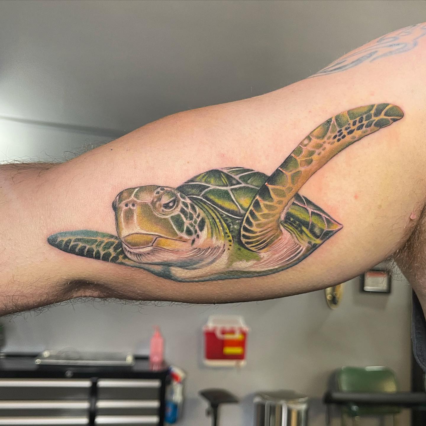 Sea turtle realism tattoo on the forearm by Paul Hicks