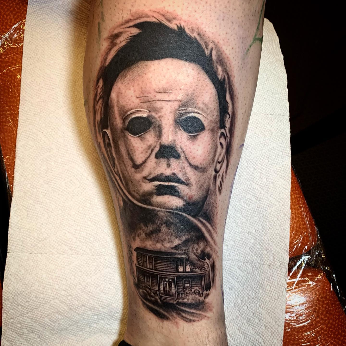 Michael Myers mask realism tattoo on the forearm by Brad Sterling