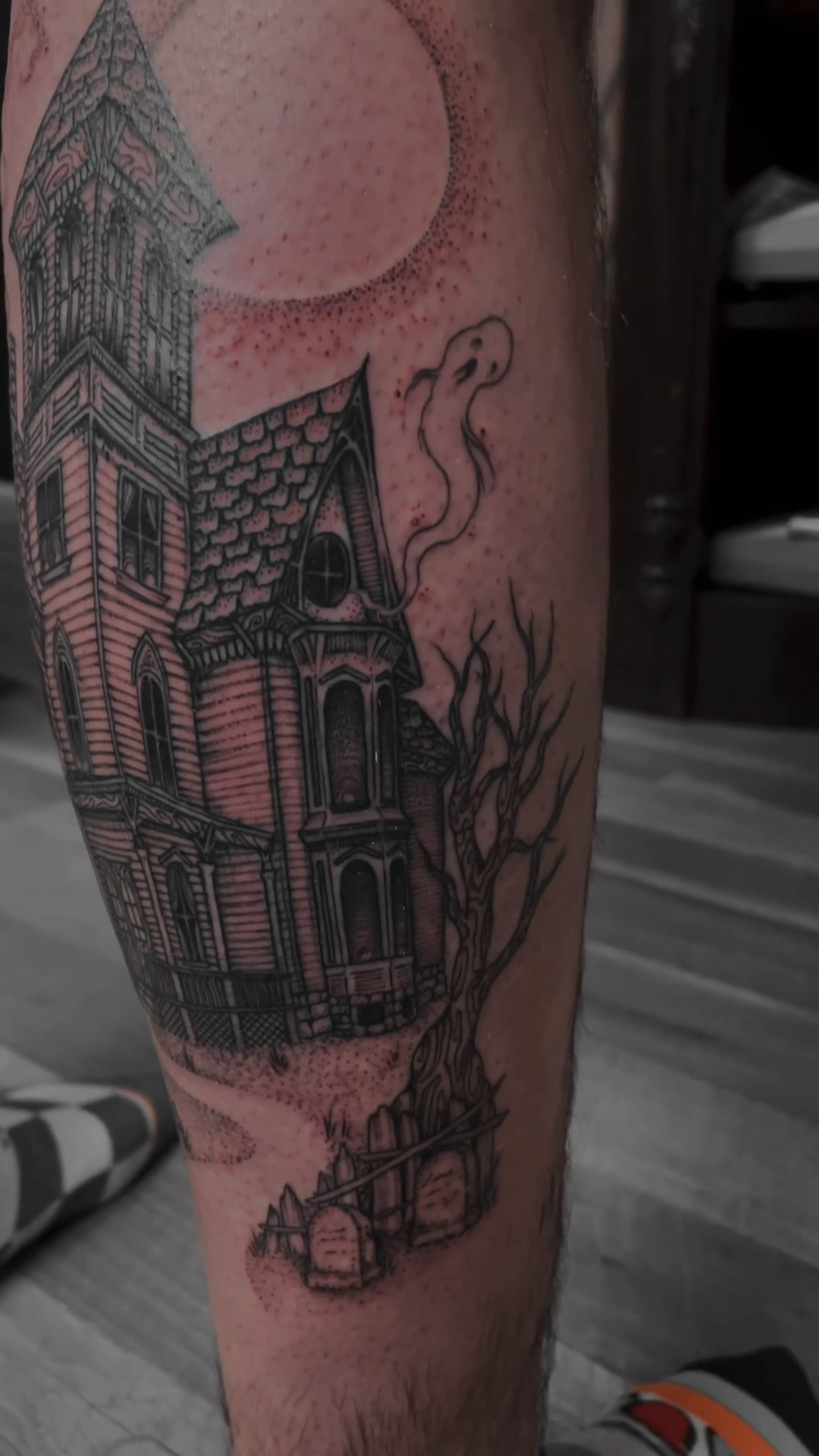 Haunted house dark realism tattoo by @jettaturas, New City, New York