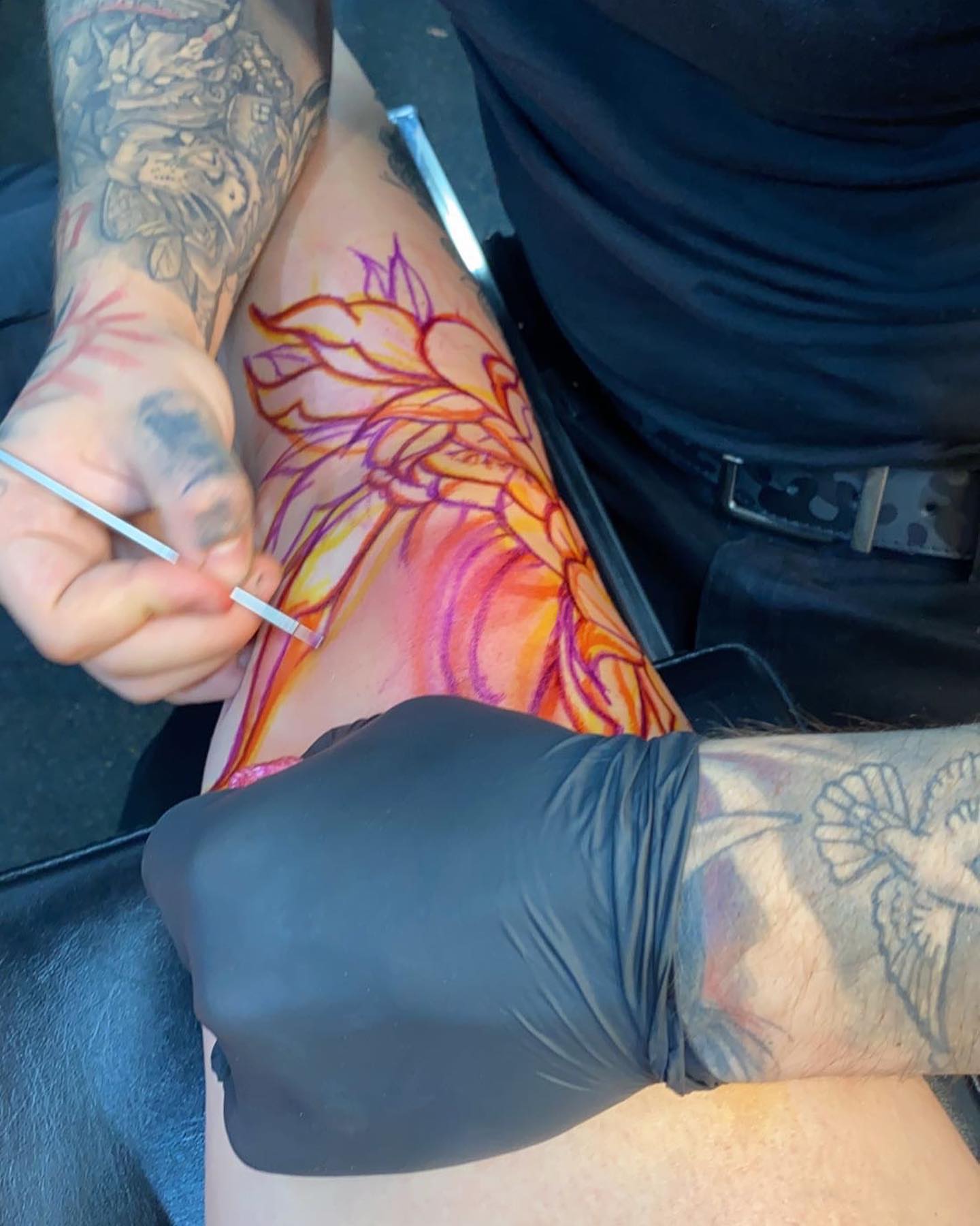Floral design new school tattoo on the thigh by 🔥Austin Burke 🔥TATTOO ARTIST