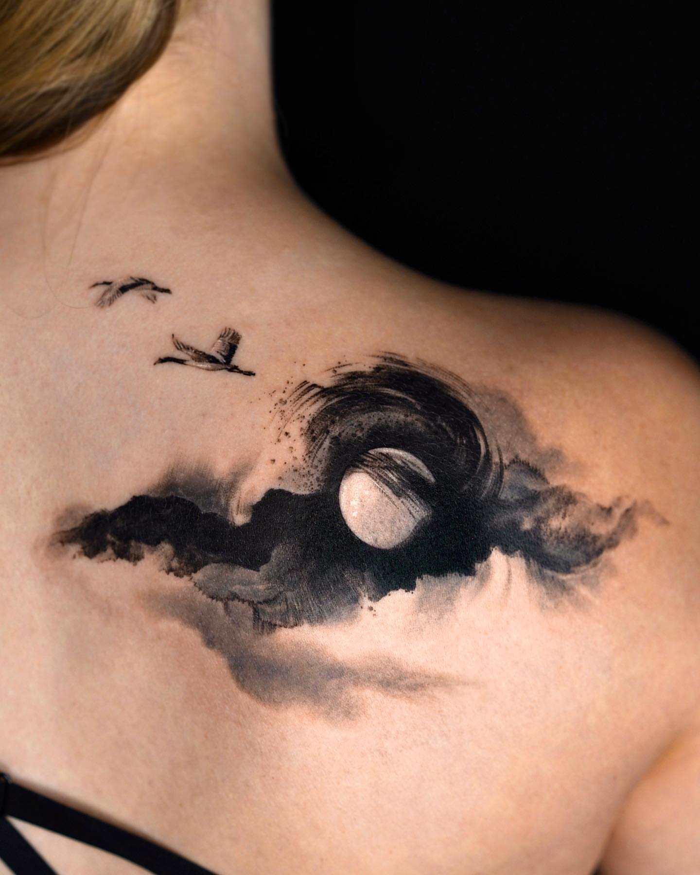 Wave and moon realism tattoo on the back by Rizn