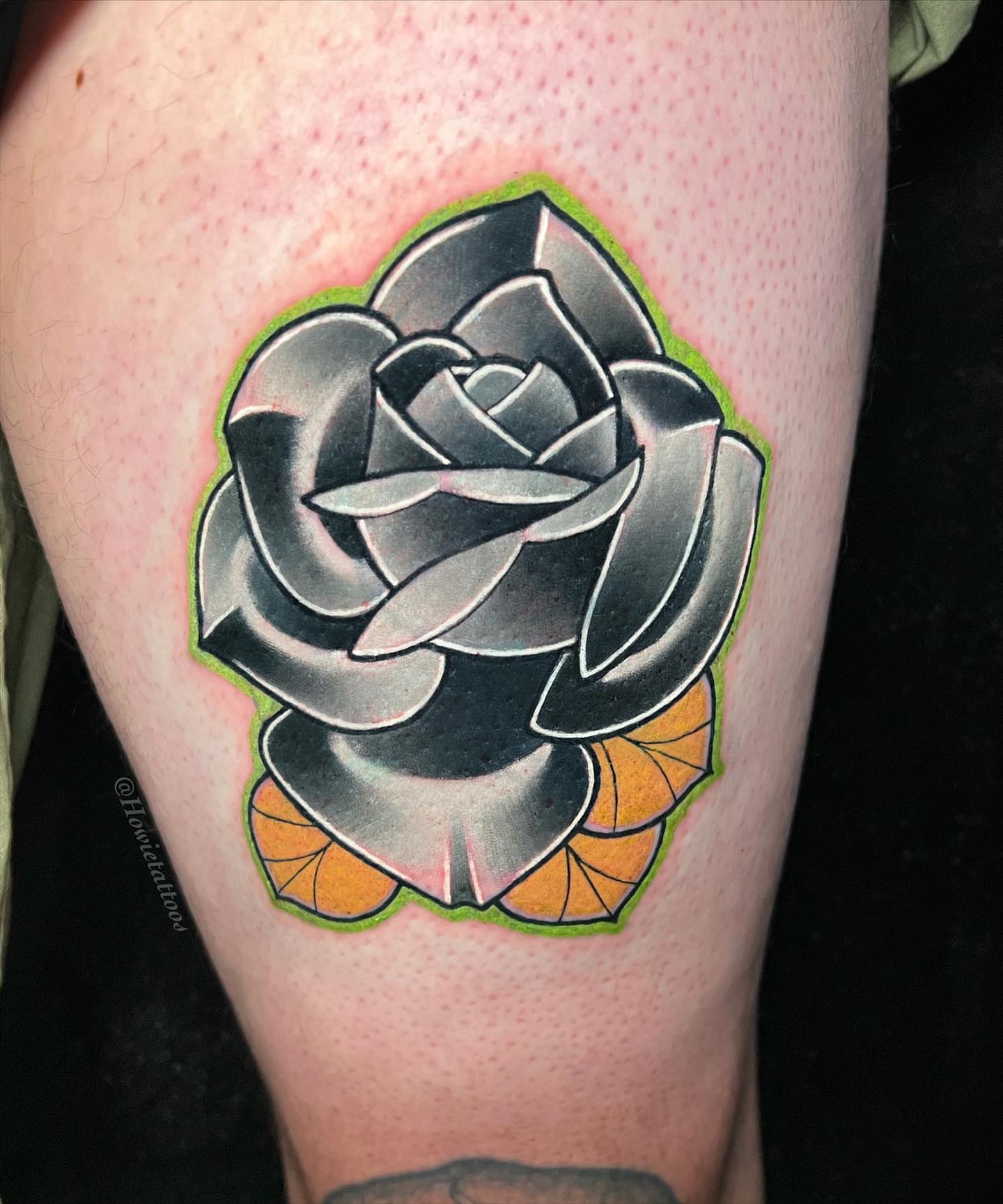 Rose black and grey tattoo on the thigh by Brian Horowitz