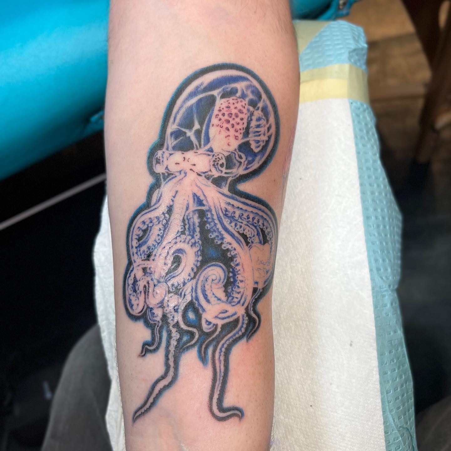 Octopus jellyfish realism tattoo on the forearm by James Kern * Visionary Tattoo Artist *