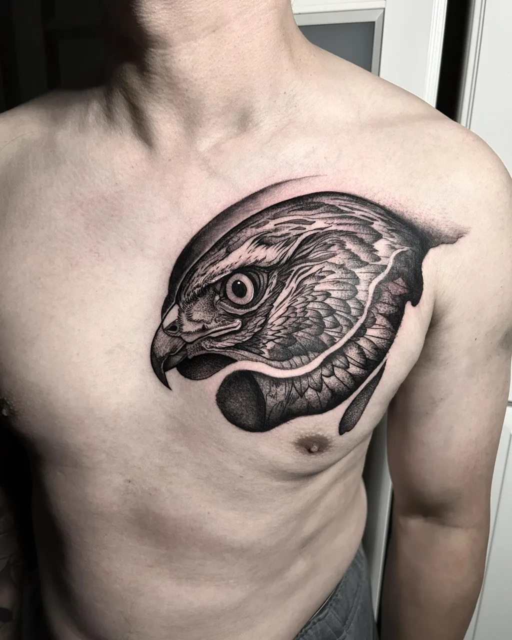 Hawk head realism tattoo on the chest by David Mushaney