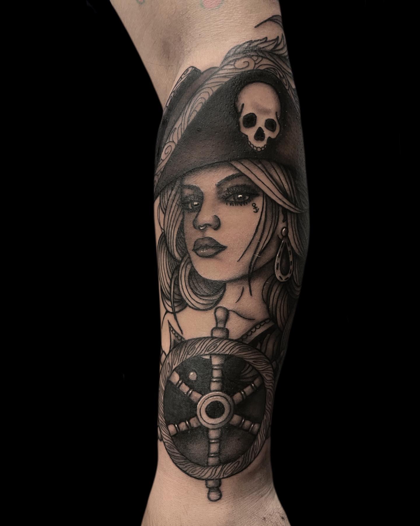 Pirate woman realism tattoo on the forearm by Jen Bean, Richmond, Virginia