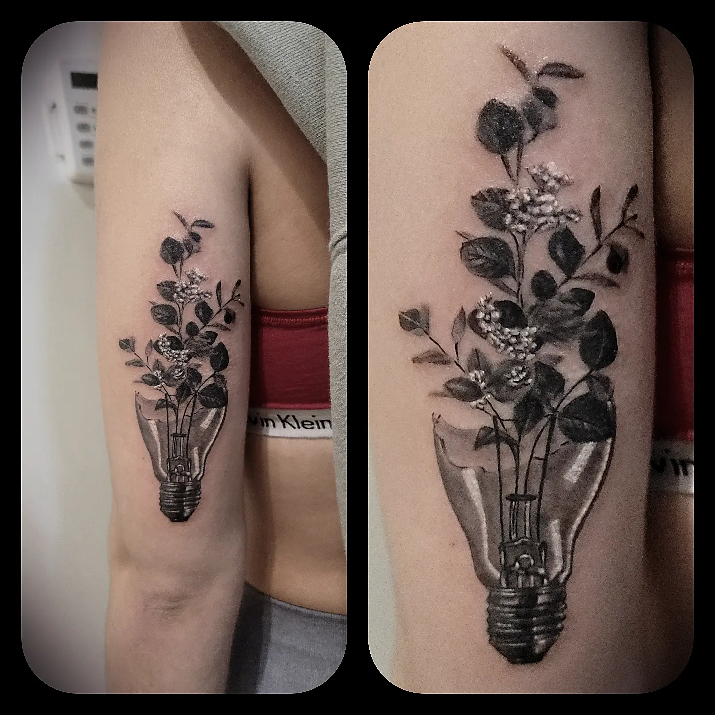 Light bulb with flowers realism tattoo on the forearm by Jack Daniel Knowlden