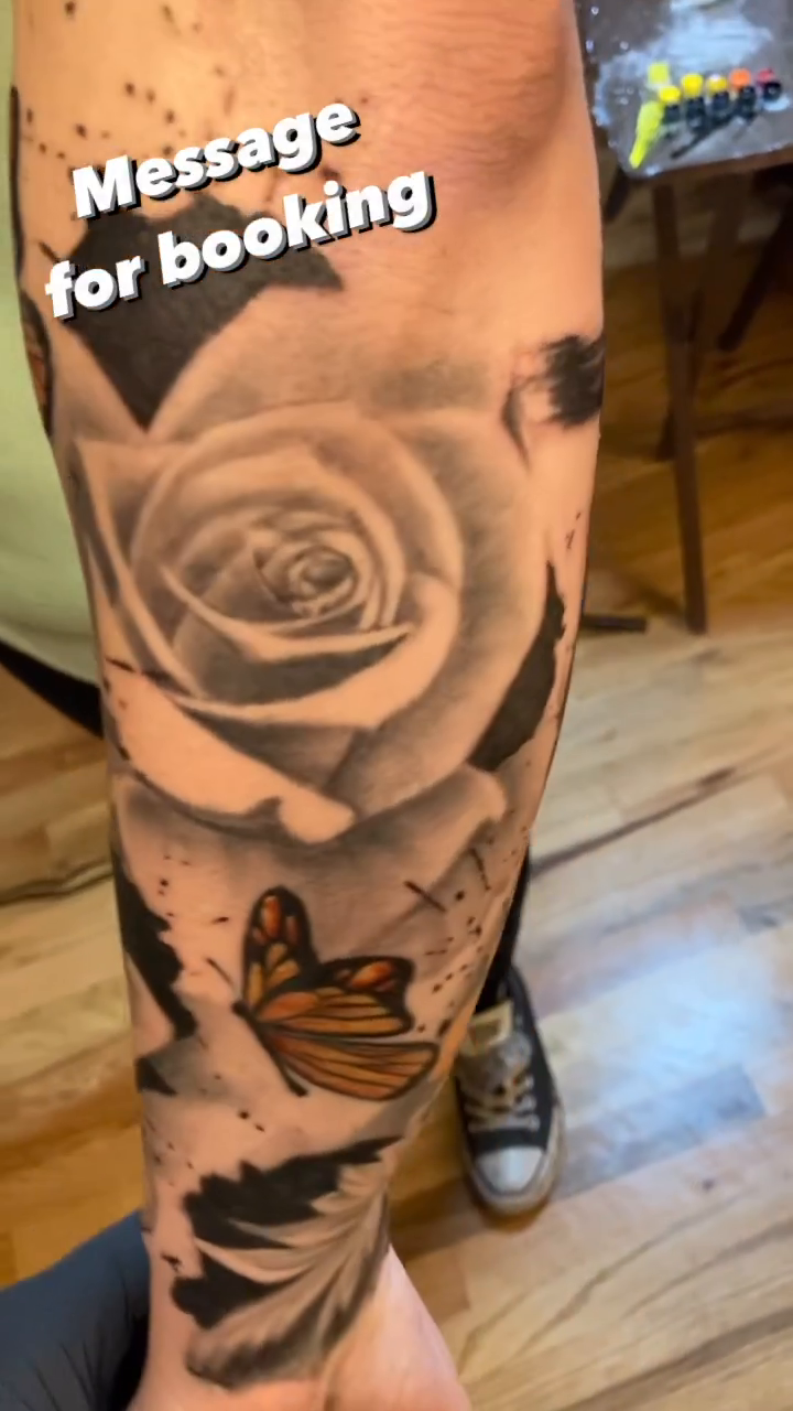 Rose and butterflies with script realism tattoo by Hot Dawg