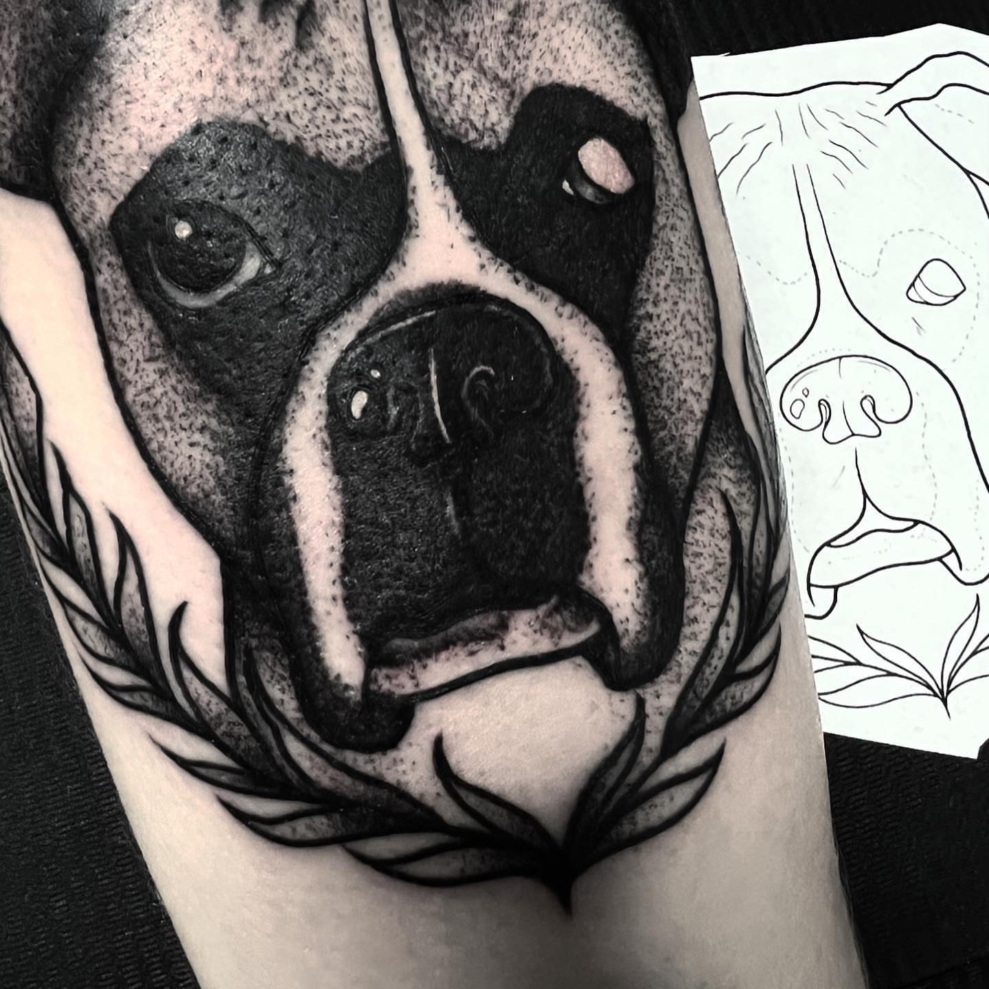 Bulldog dotwork tattoo on the forearm by Jared🗡Hughes