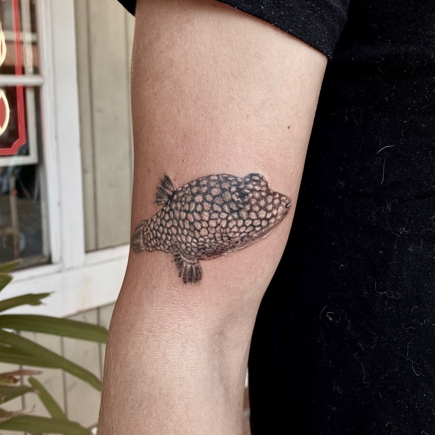 Flounder dotwork tattoo on the forearm by Sela ✨Las Vegas Tattoo Artist