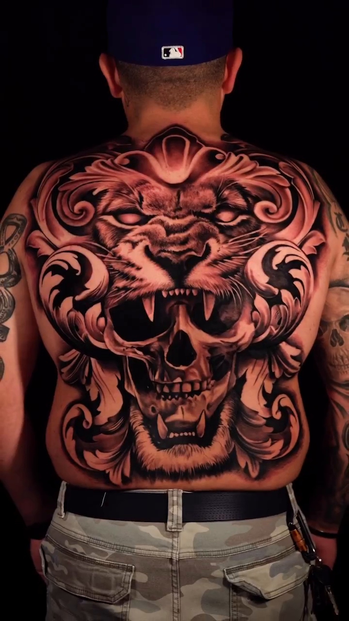 Tiger skull dark realism tattoo by P.Lok