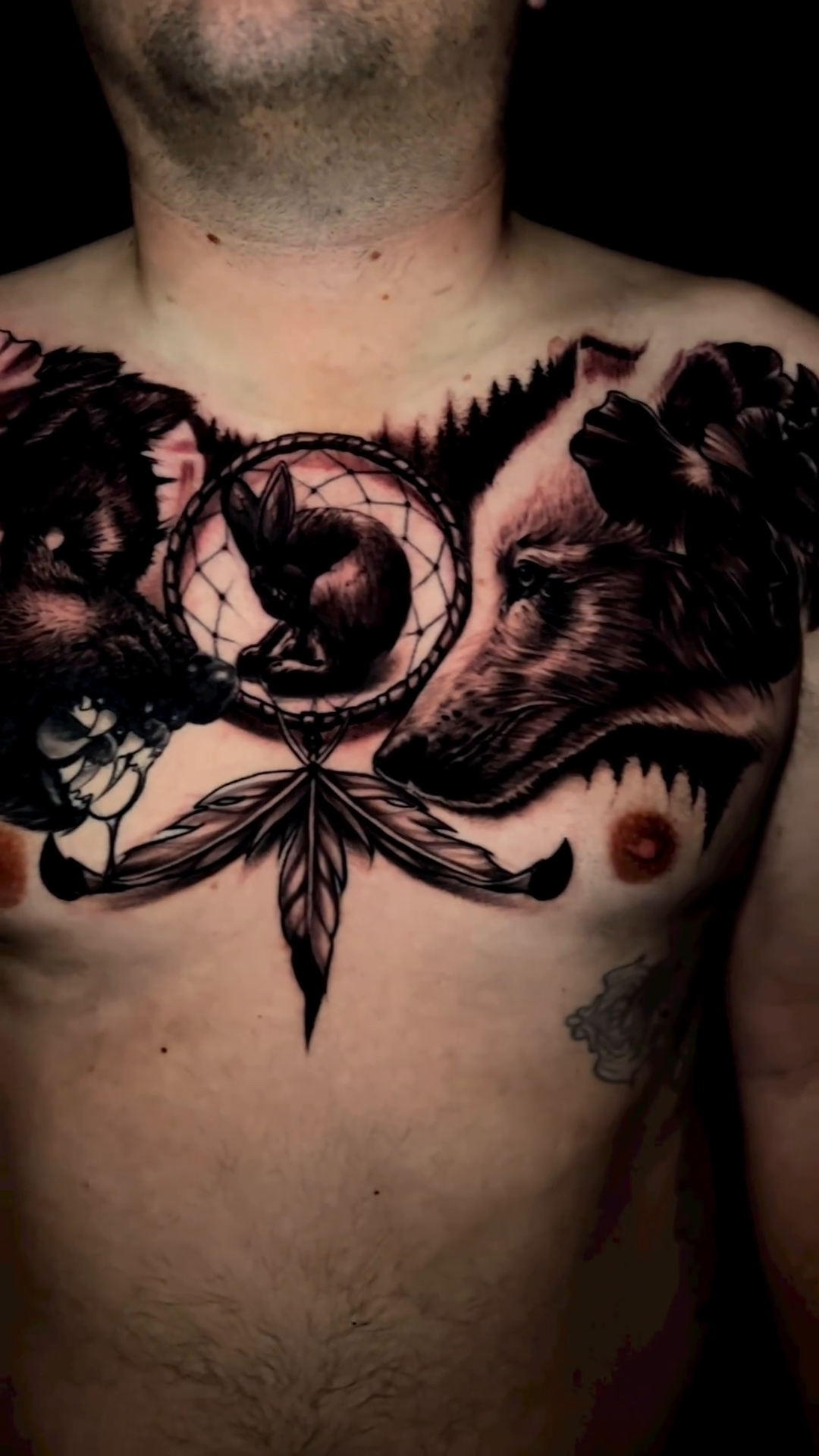 Wolf and bear with dreamcatcher dark realism tattoo by Raul Ugarte, Roseville, California