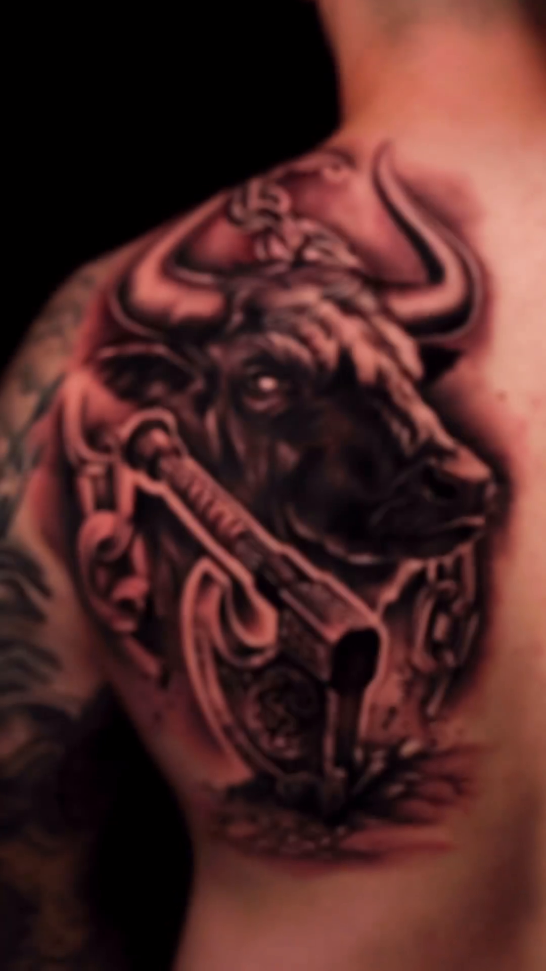 Bull and axe dark realism tattoo by P.Lok