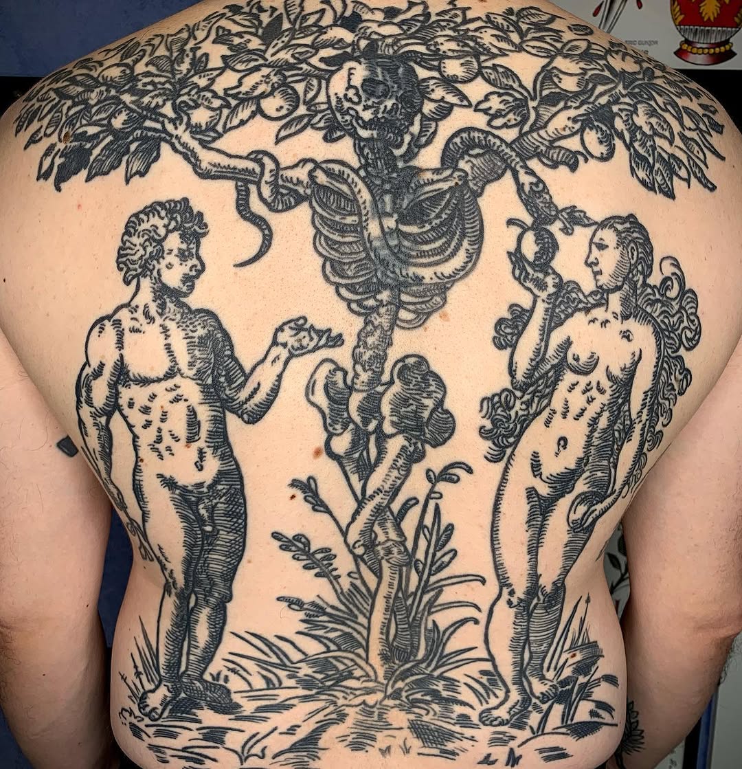 Adam and Eve with skeleton tree sketch tattoo on the back by Eric Guntor, Philadelphia, Pennsylvania