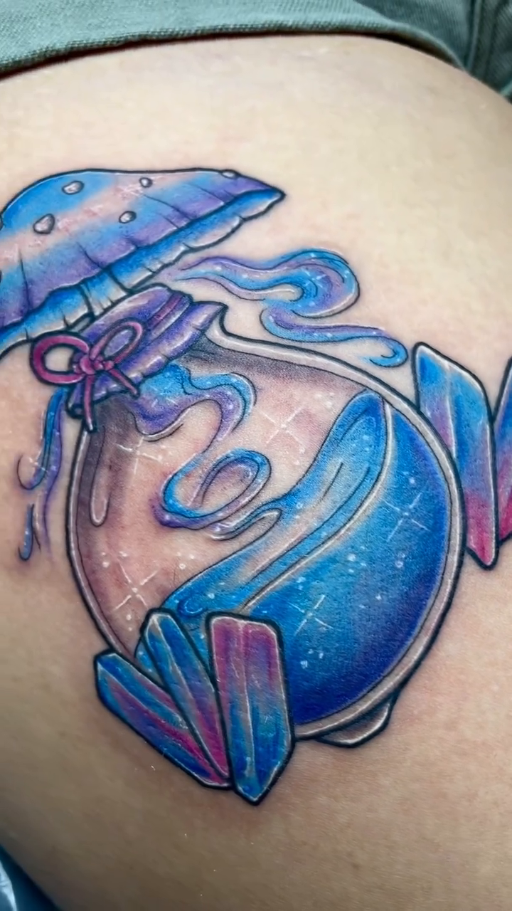 Potion bottle with mushroom cap new school tattoo by ♠️KEITHKUSTOM♠️ San Antonio Tattoo Artist