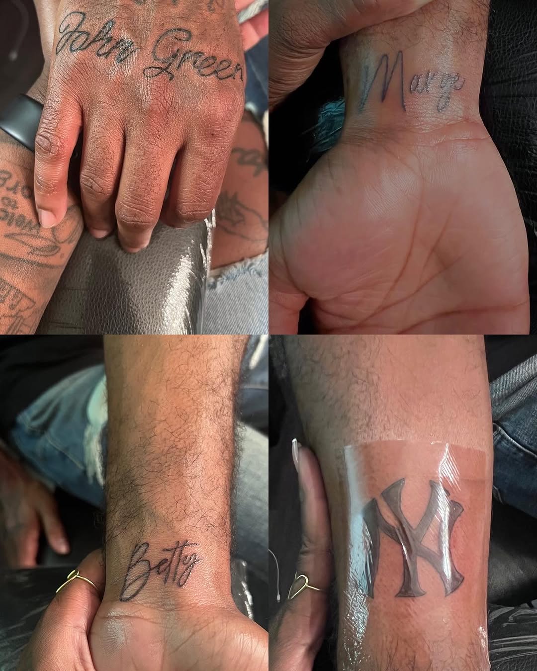 Names and logo lettering tattoo on the forearm by Lea-yae’