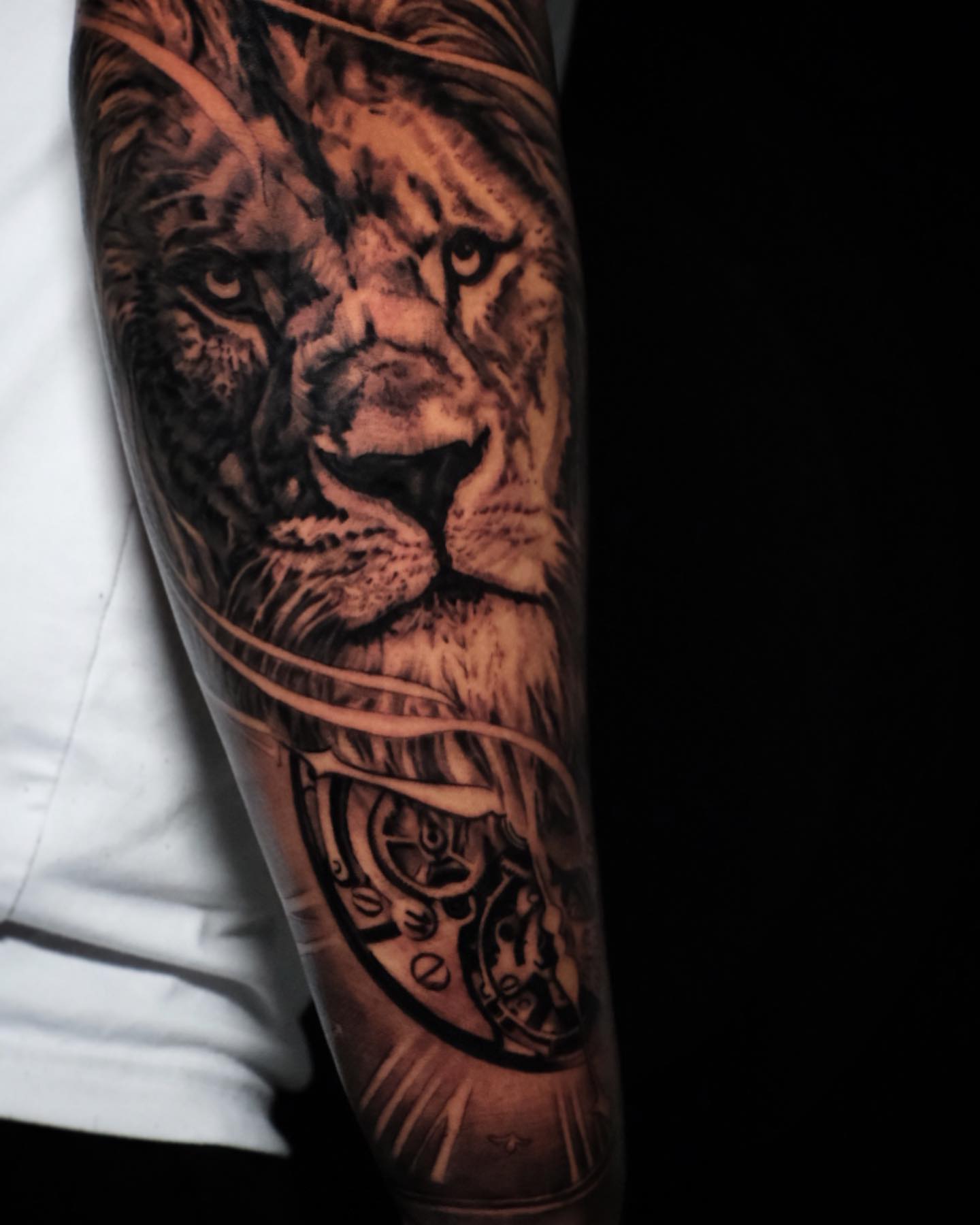 Lion realism tattoo on the forearm by "CAM", West Palm Beach, Florida