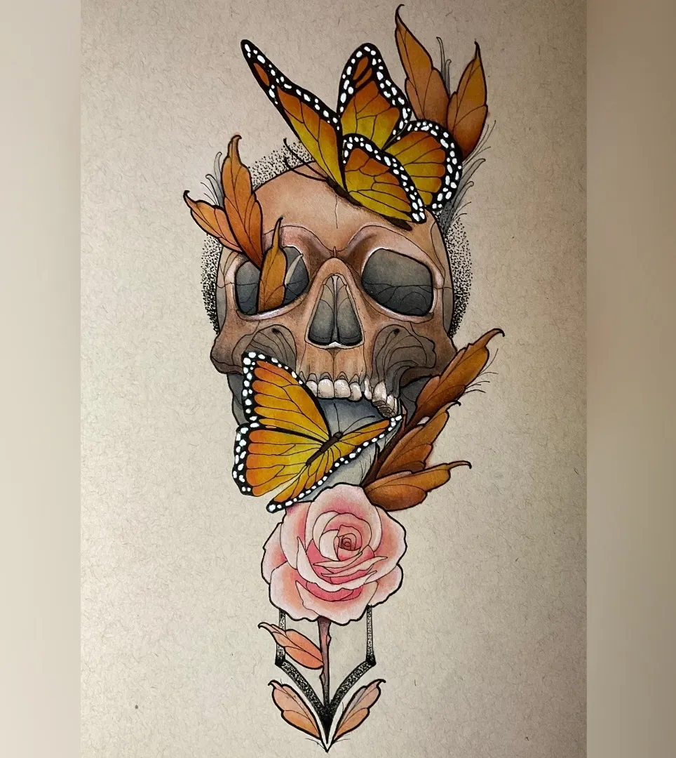 Skull with butterfly and rose neo-traditional tattoo by Ashlynn Campbell