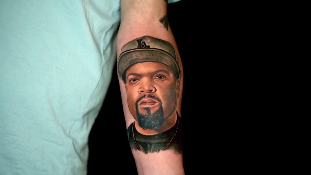 Ice Cube portrait realism tattoo by Remko