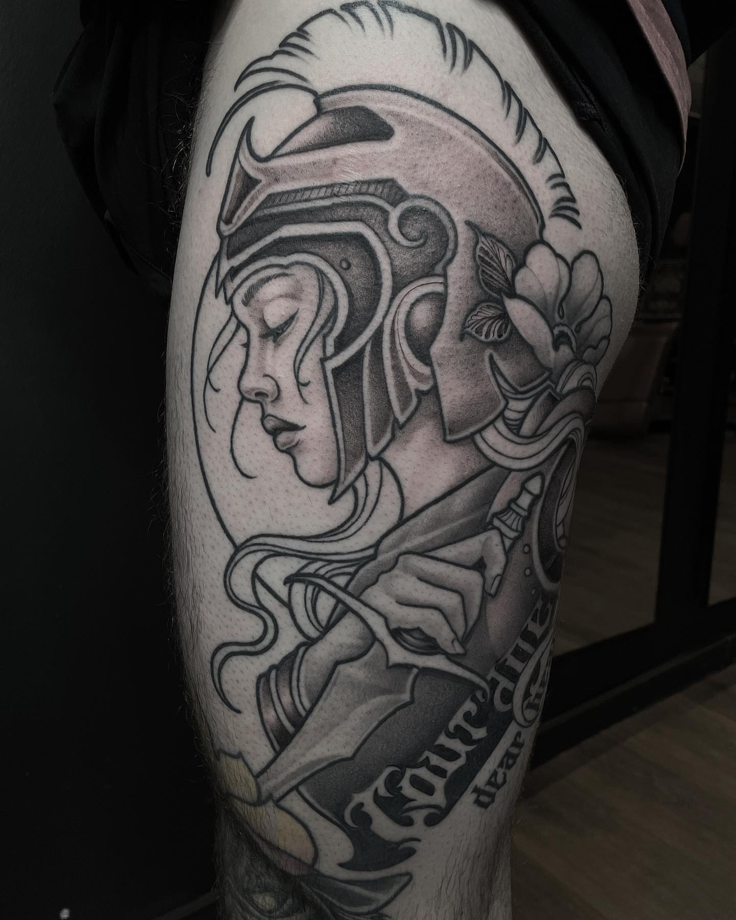 Woman warrior American traditional tattoo on the forearm by Madelyn Roberts, Bellingham, Washington