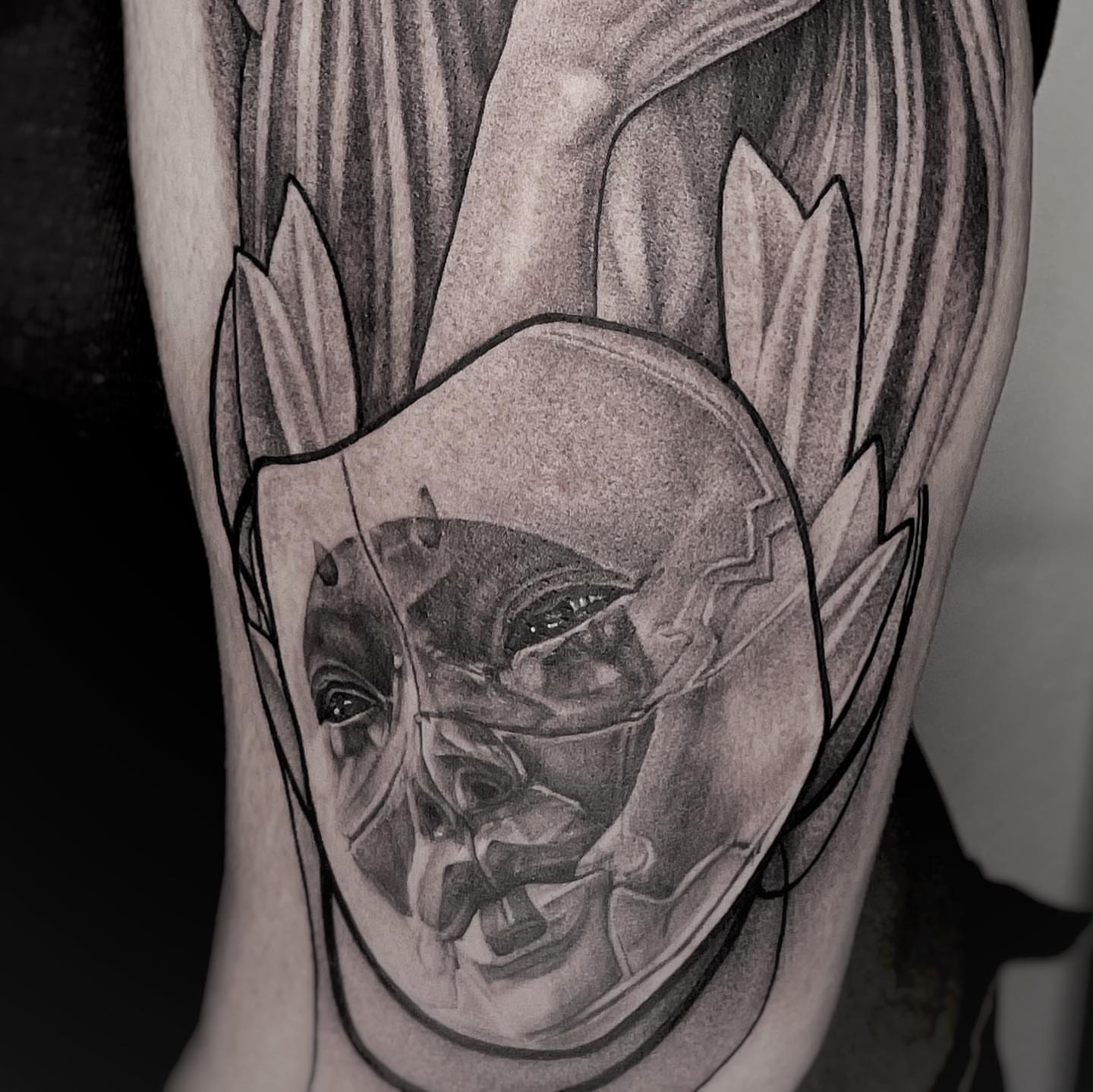 Mask realism tattoo on the forearm by Paige Jean