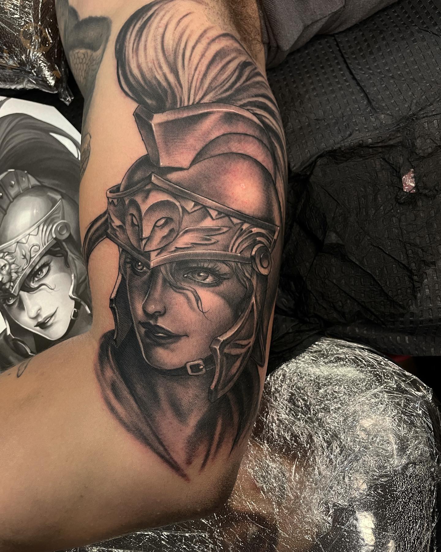 Female warrior helmet realism tattoo on the forearm by ๐ฟ๐๐ฃ๐๐๐ก ๐๐ค๐ ๐ค๐ง๐ฃ๐ฎ, Middletown, Orange County, New York