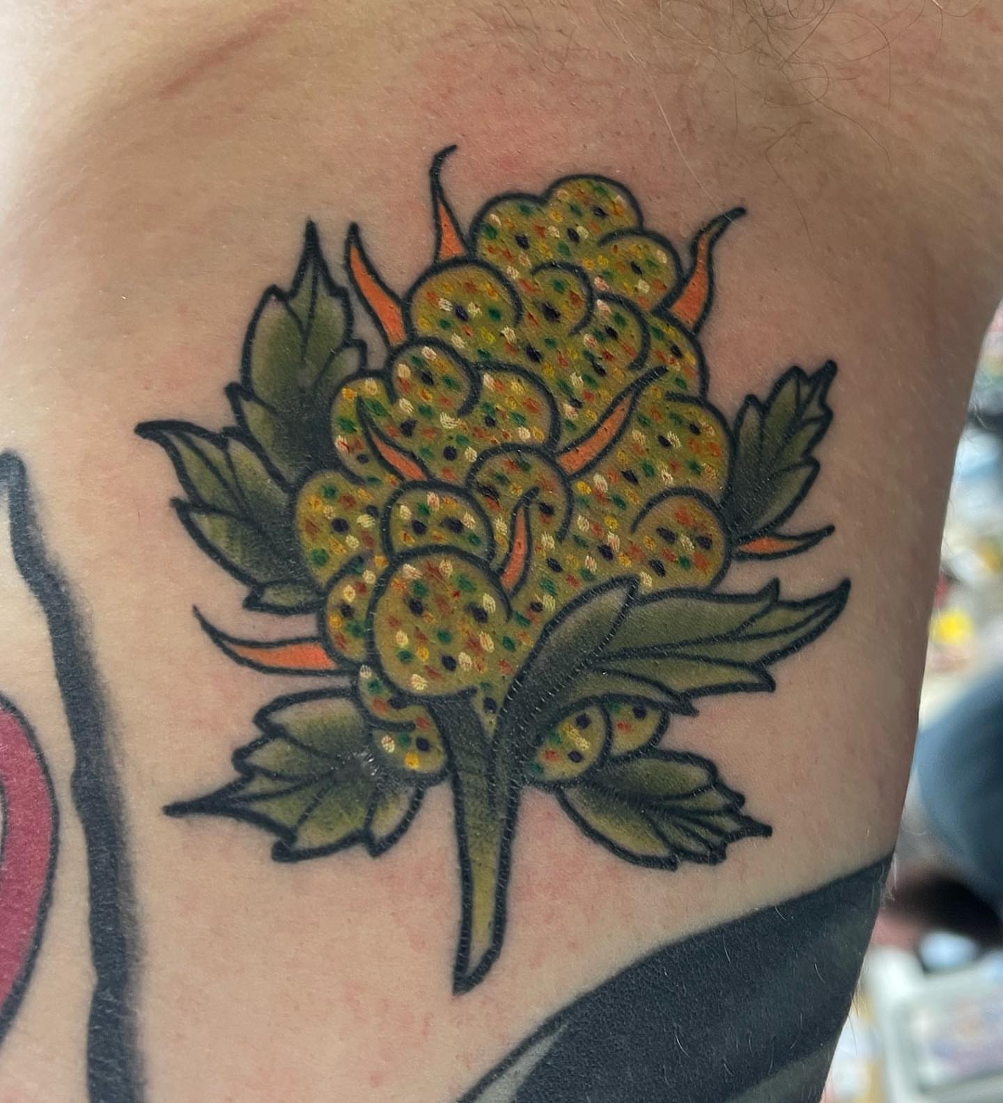 Strawberry cluster dotwork tattoo on the upper arm by Zach Eden
