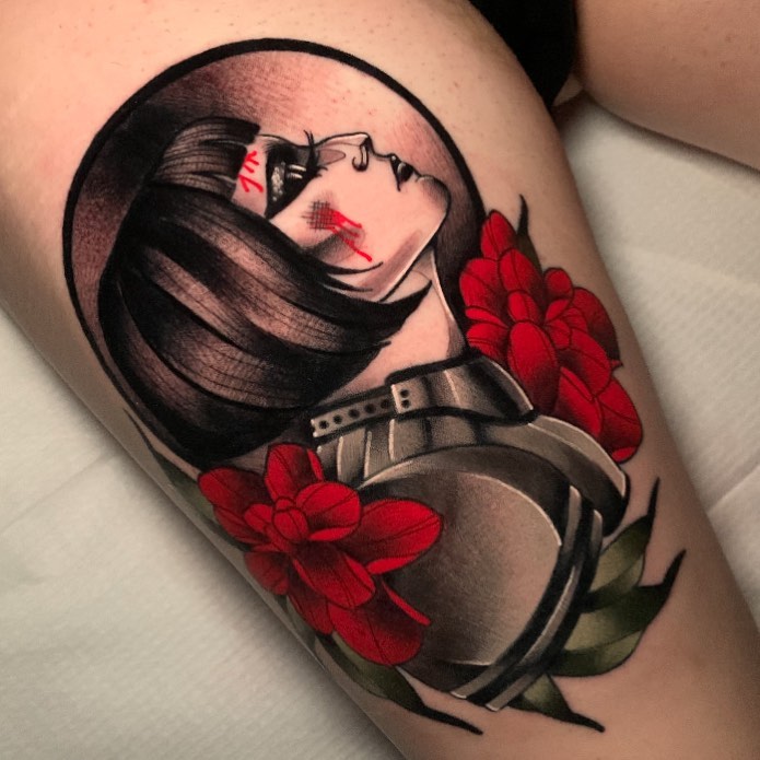 Anime girl with flowers anime tattoo on the thigh by gillian marie