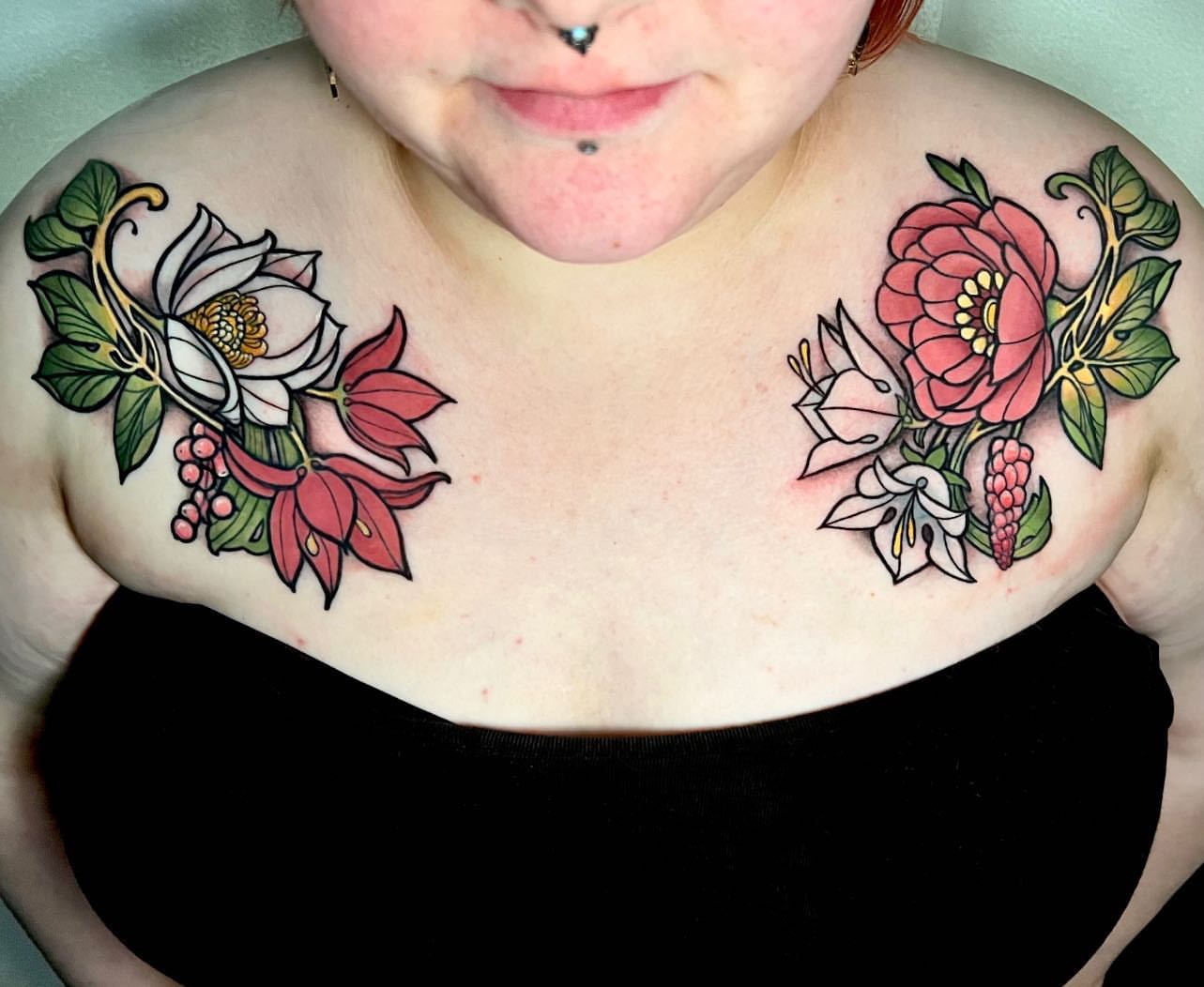 Floral arrangement new school tattoo on the chest by Cortney Norton