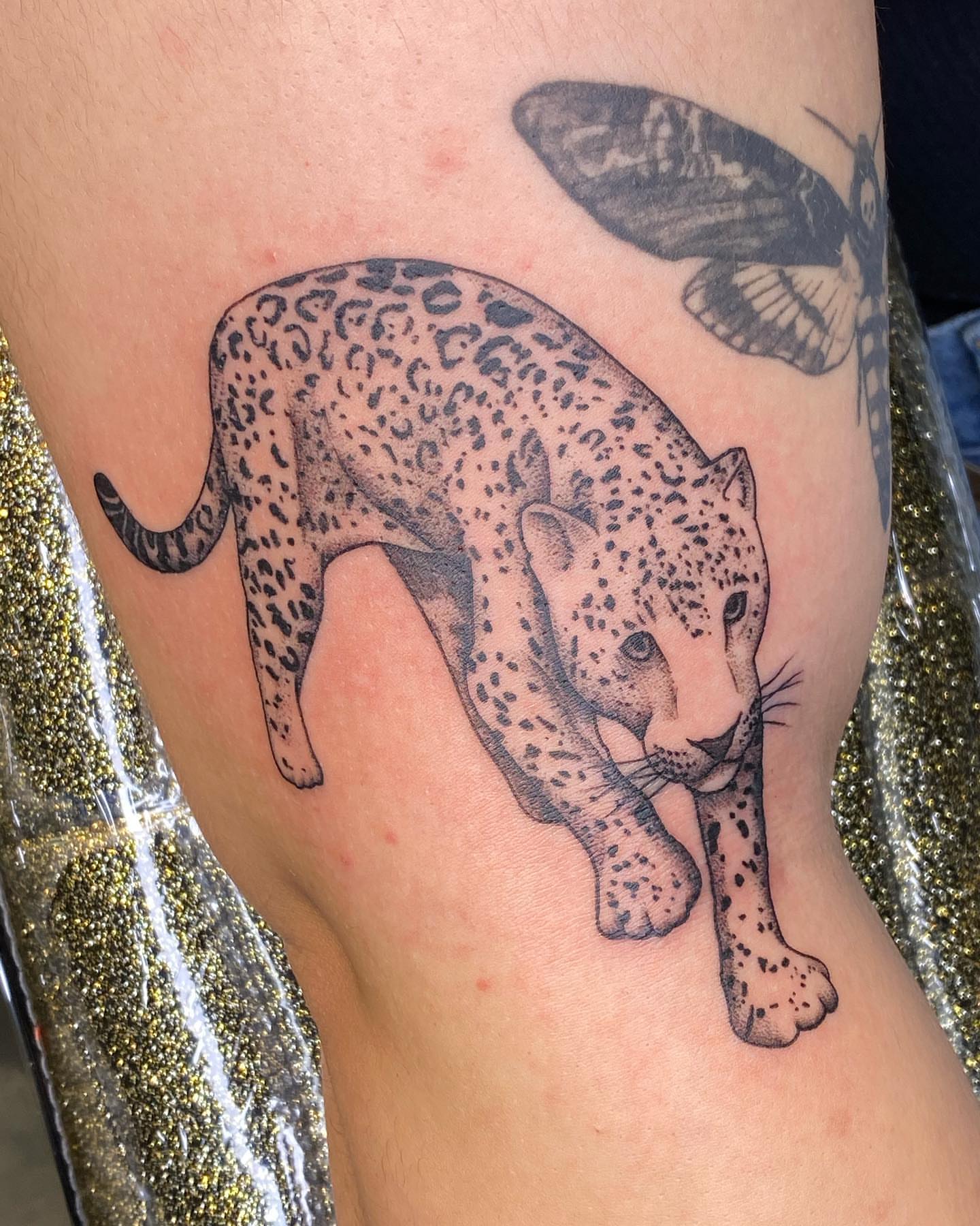 Leopard black and grey tattoo on the thigh by SAL, Mesa, Arizona