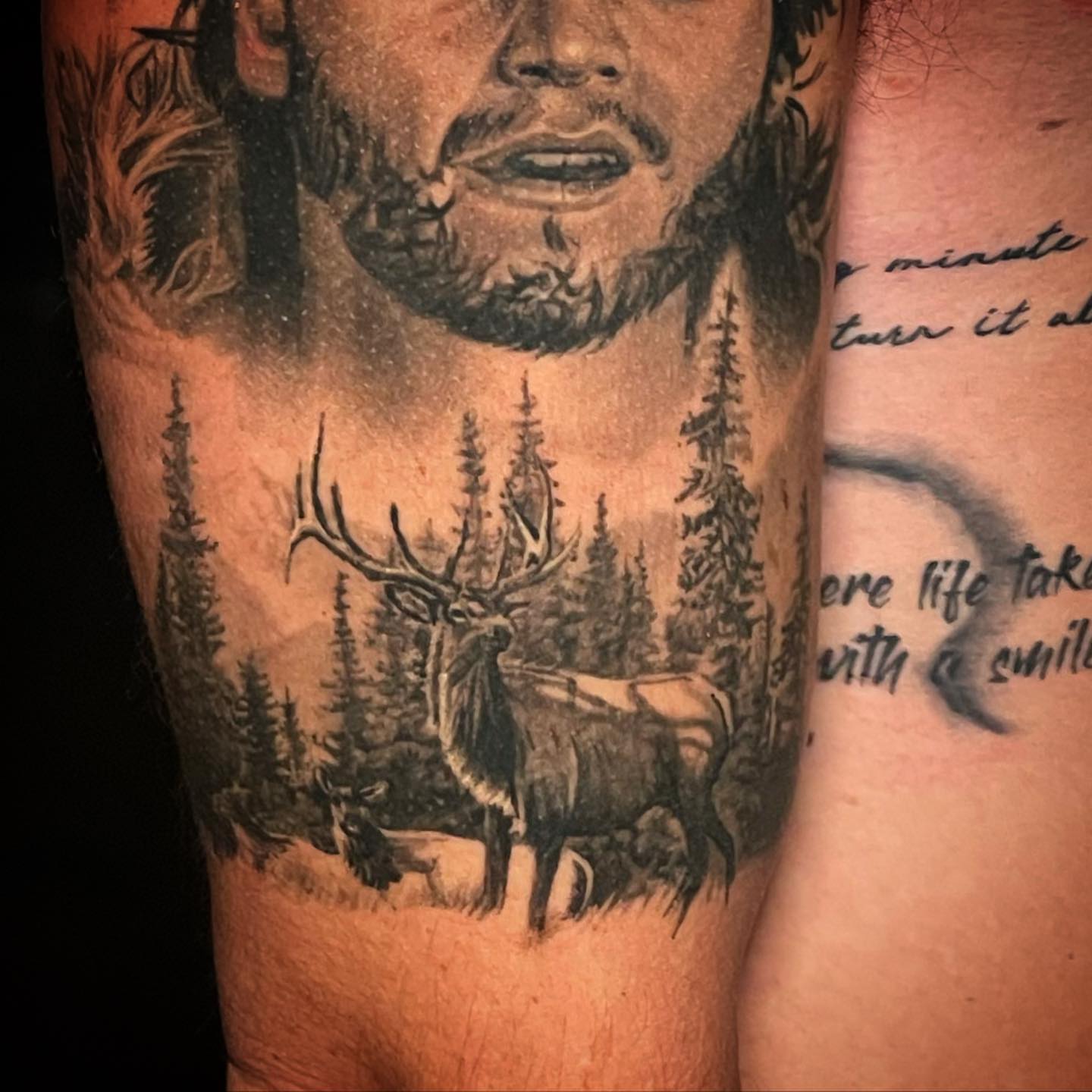 Deer in forest realism tattoo on the forearm by Christian Medina, Sacramento, California