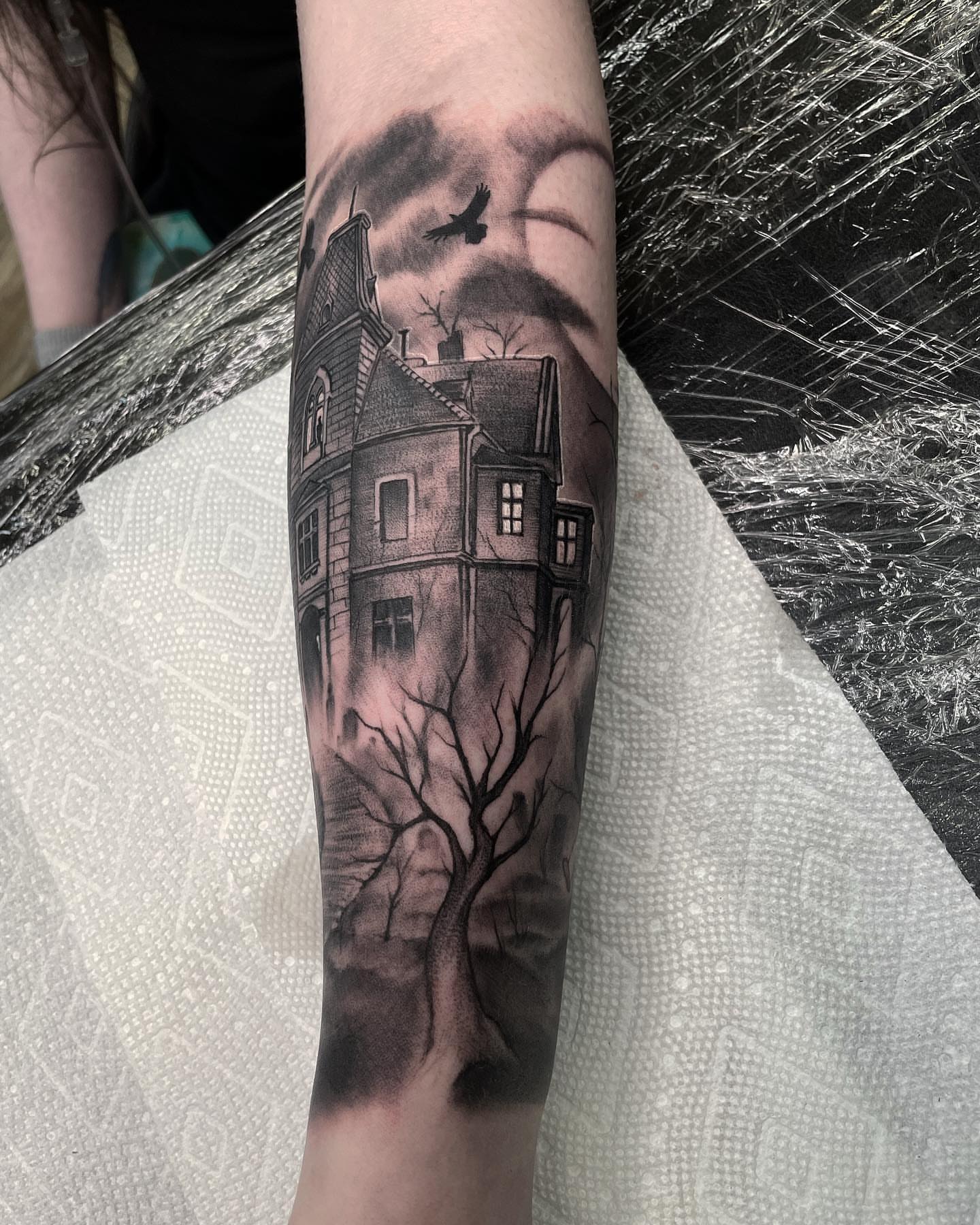 Haunted house realism tattoo on the forearm by ๐ฟ๐๐ฃ๐๐๐ก ๐๐ค๐ ๐ค๐ง๐ฃ๐ฎ, Middletown, Orange County, New York
