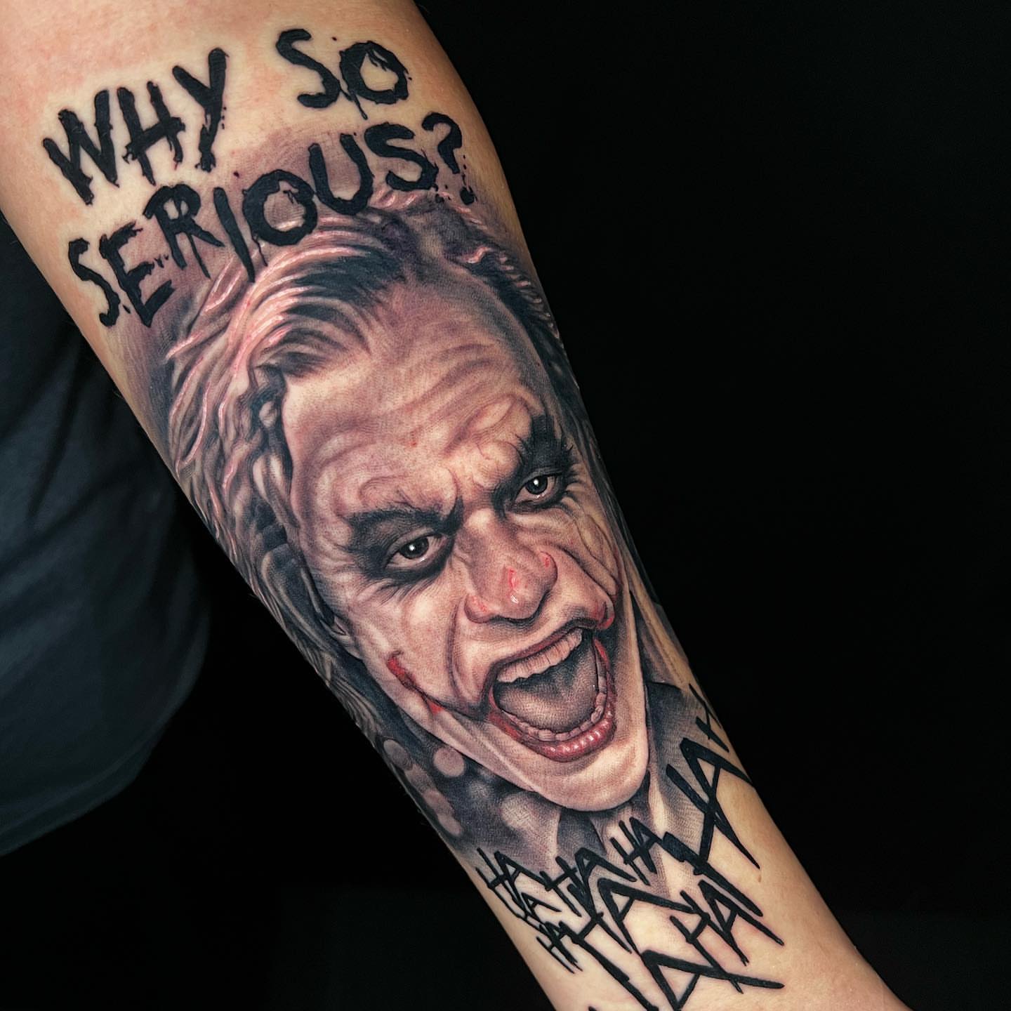 Joker realism tattoo on the forearm by Raw Hound, Hialeah, Florida