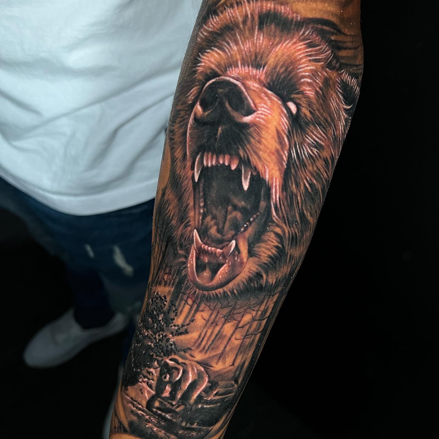 Roaring bear realism tattoo on the forearm by Raw Hound, Hialeah, Florida