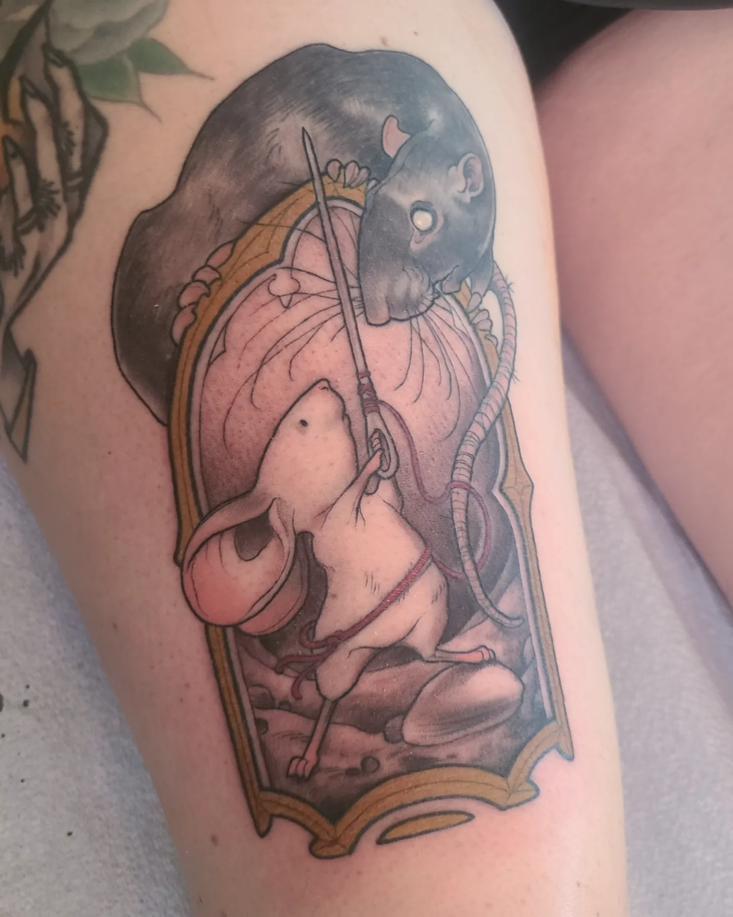 Rat and pig realism tattoo on the thigh by Robert Kraiza - Philadelphia Tattoo Artist