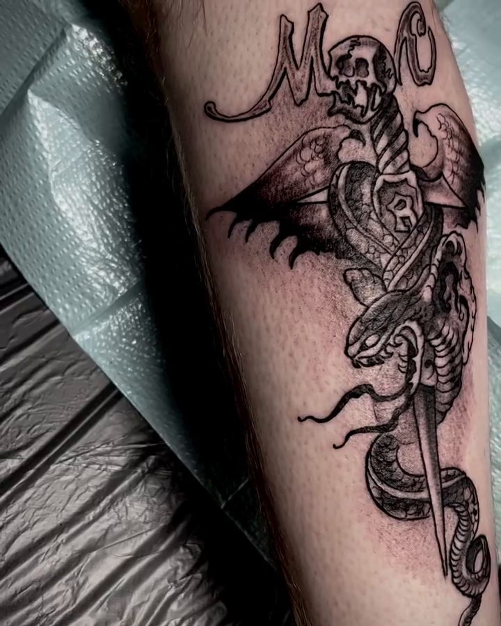 Skull, snake, and dagger dark realism tattoo by Tattoos by Dave