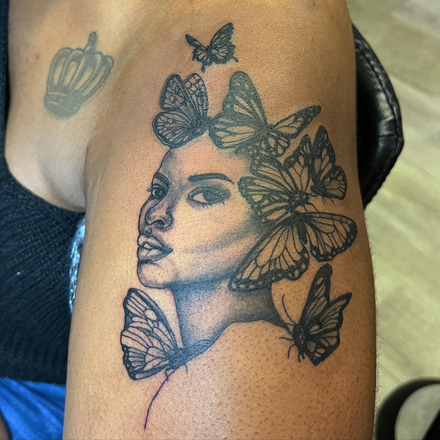 Woman with butterflies realism tattoo on the forearm by Breanna💉🔮, Dover, Delaware