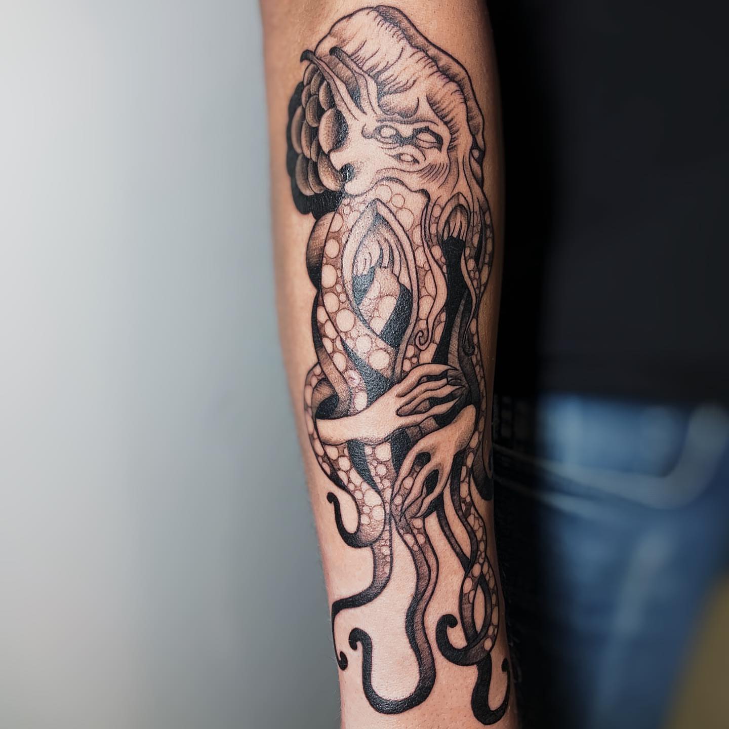 Octopus dotwork tattoo on the forearm by Kolby