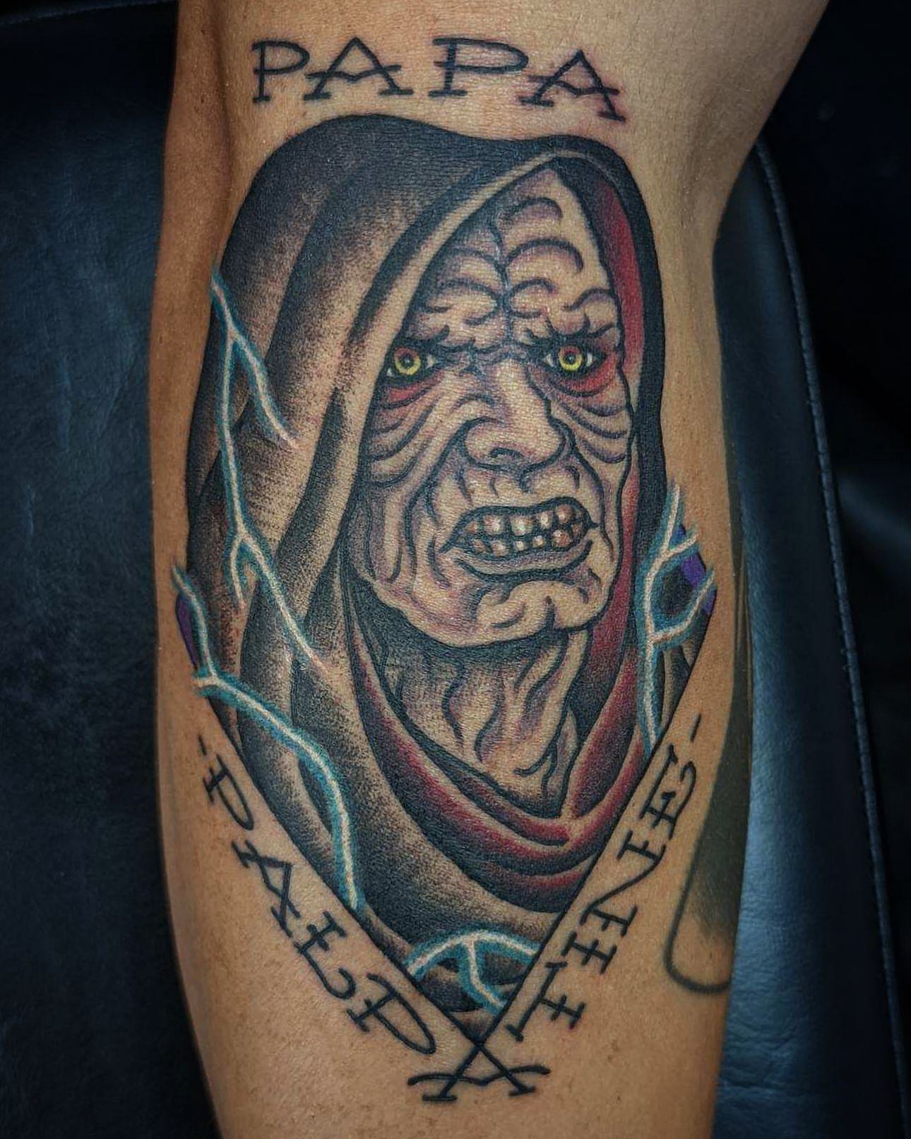 Papa American traditional tattoo on the forearm by Bryan Humphries