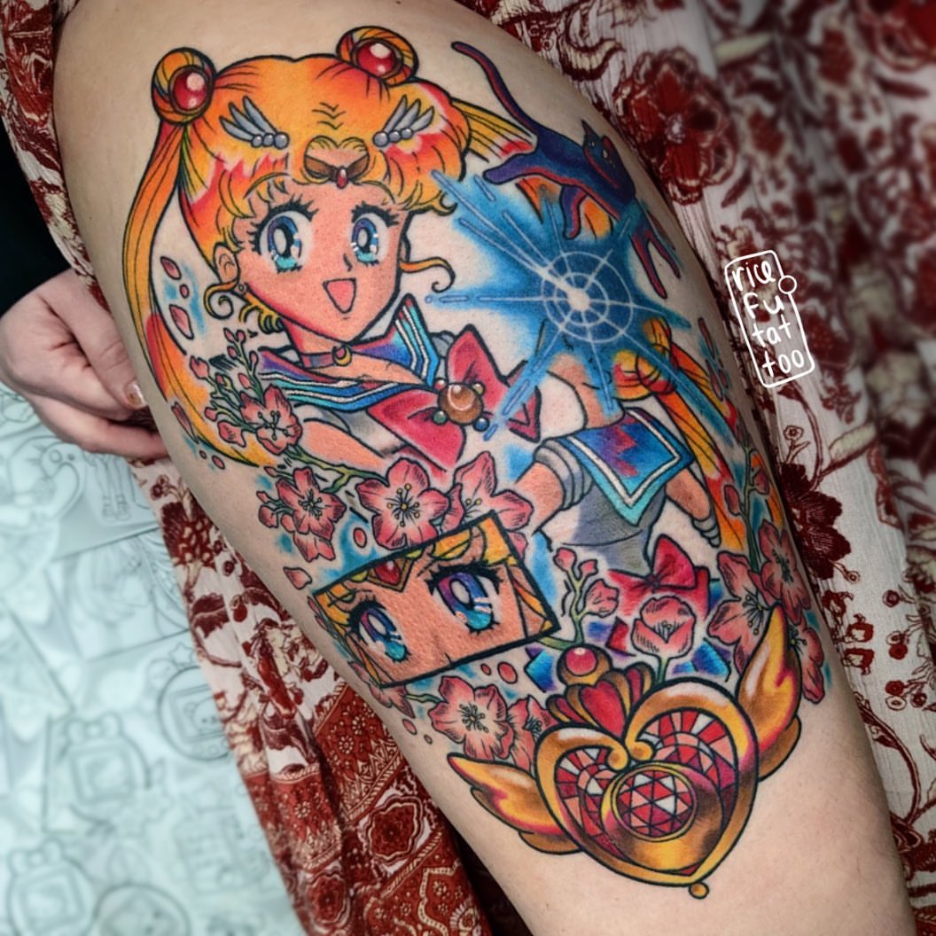 Sailor moon anime tattoo on the thigh by Ricefu Art & Tattoo