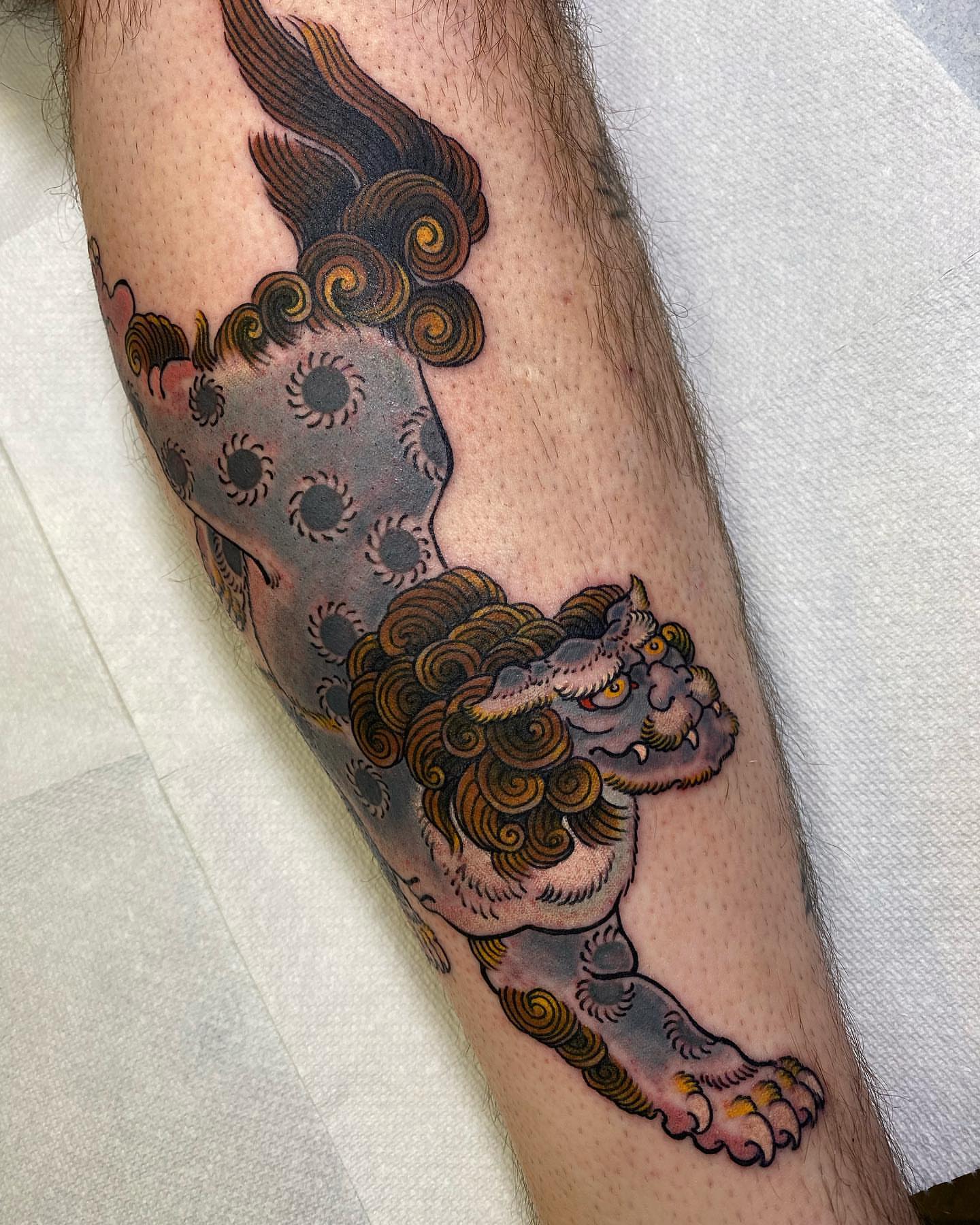 Lion japanese irezumi tattoo on the forearm by B e A U B R A D y, Costa Mesa, California